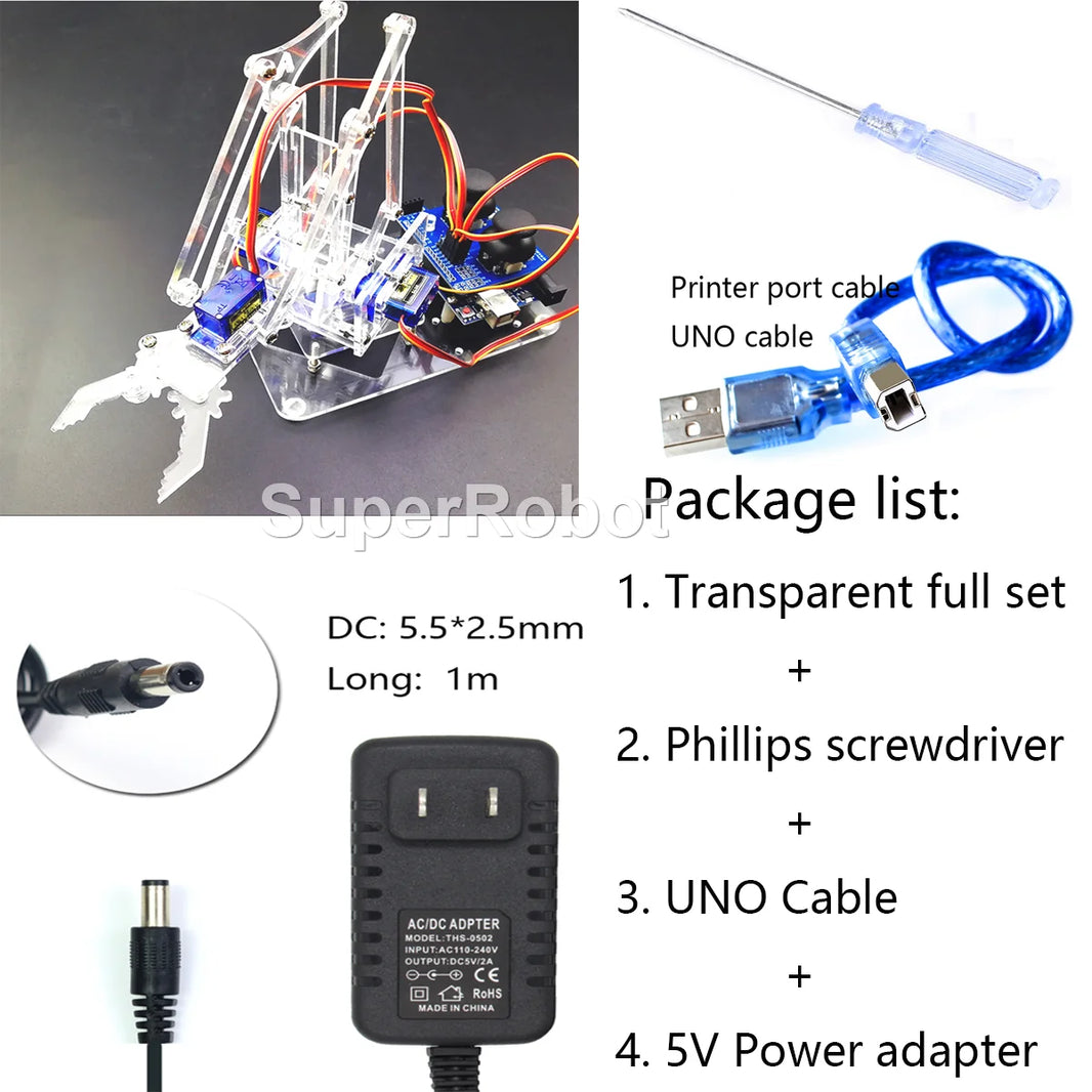 SG90 4 DOF Unassembled Acrylic Mechanical Robot Manipulator Claw for Arduino, UNO Programmable DIY Robot Arm Starter Kit