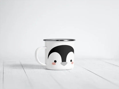 Penguin Enamel Campfire Mug, White Penguin Print — 11 oz (360 ml) Metal Camping Coffee Mug, Kids Birthday Gift