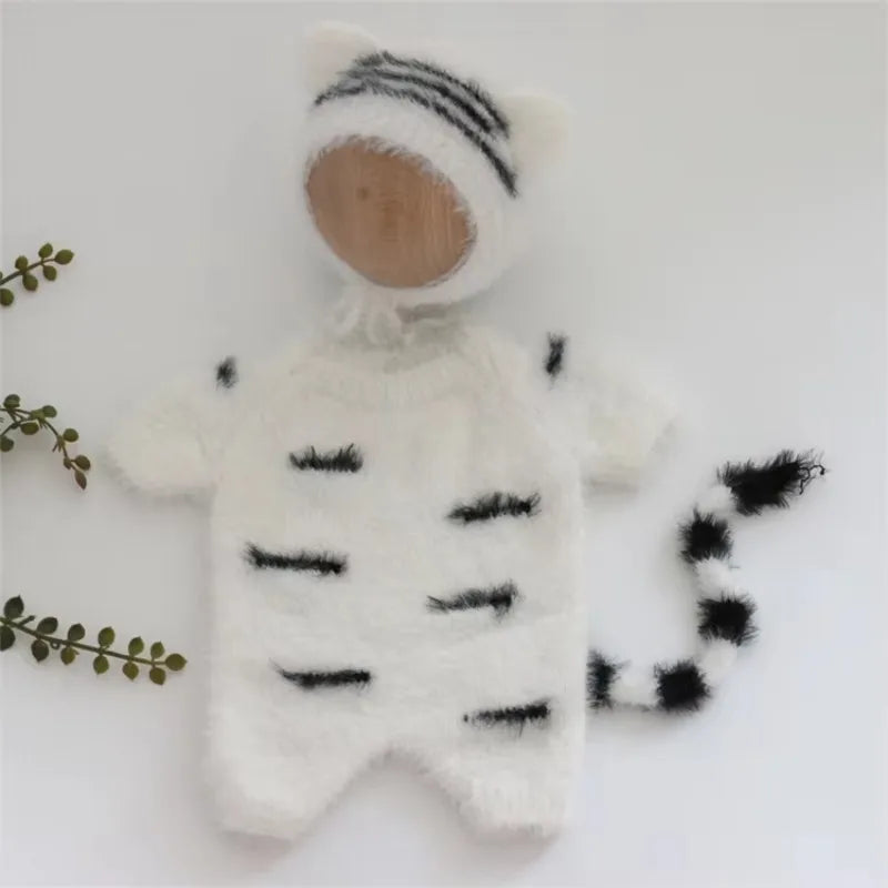 3pcs Baby Furry Tiger Costume Newborn Photography Set, Cute Animal Footed Jumpsuit, Hat & Tail, Infant Boy Girl Photo Prop Outfit