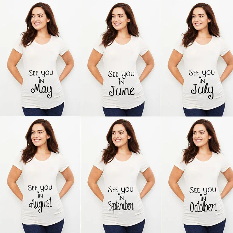 See You in May Print Pregnancy Announcement T-Shirt | Maternity Short Sleeve Tee | New Mom Shirts | Pregnancy Clothes Tops