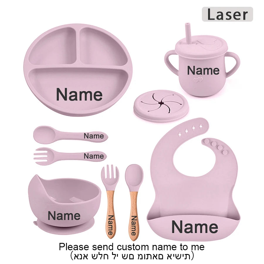 Personalized Cartoon Baby Plate – Silicone Tableware with Sucker Bowl, Food Tray, Sippy Cup, and Spoon – Baby Feeding Accessories