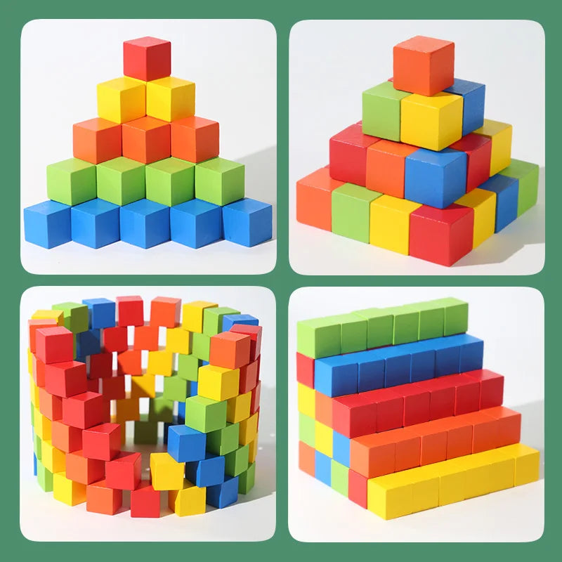 50/100PCS Colorful Wooden Building Blocks – Stacking Square Blocks, Shape and Color Learning Toy for Babies and Children