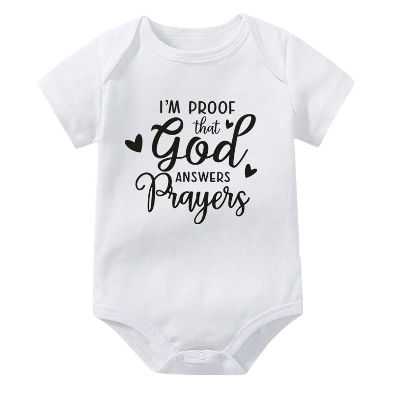 “I’m Proof God Answers Prayers” – Christian Newborn Baby Bodysuit, Short-Sleeve Infant Jumpsuit, Cute Summer Outfit & Holiday Gift