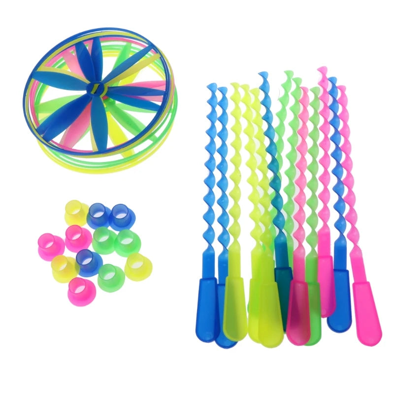 4-Pack Flying Saucer Launcher Toys with Handle — Assorted Colors, 5.12 in (13 cm) Disc | Hand-Whirled UFO Dragonfly Flyers for Kids