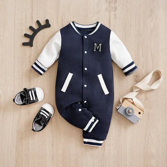 Newborn Baby Baseball Jumpsuit – Cotton Long Sleeve Footed Romper (Boston Theme, 0-12 Months)