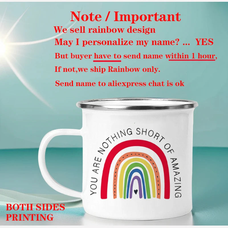 Personalized Rainbow Enamel Mug – Custom Name Coffee, Tea & Milk Cup, 3.14 in x 3.35 in (8 x 8.5 cm) – Kids Gift