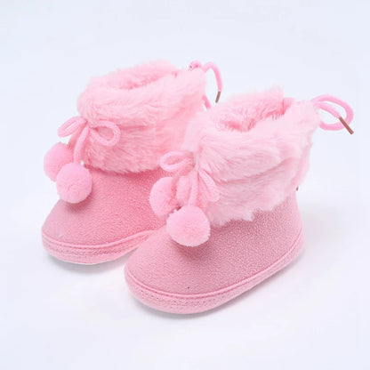 Winter Plus Velvet Snow Booties for Baby, Warm Boots Shoes, Baby Girl Shoes with Pompom, Soft Sole Indoor Walking Shoes