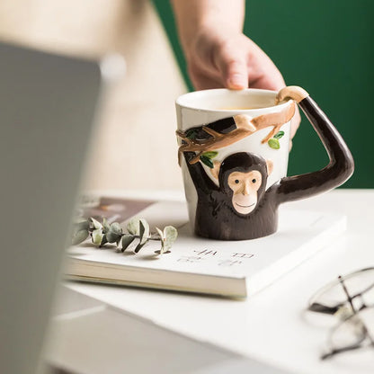 Cartoon Monkey Ceramic Coffee Mug — 310ml / 10.5 fl oz Irregular Kids Animal Cup with Handgrip
