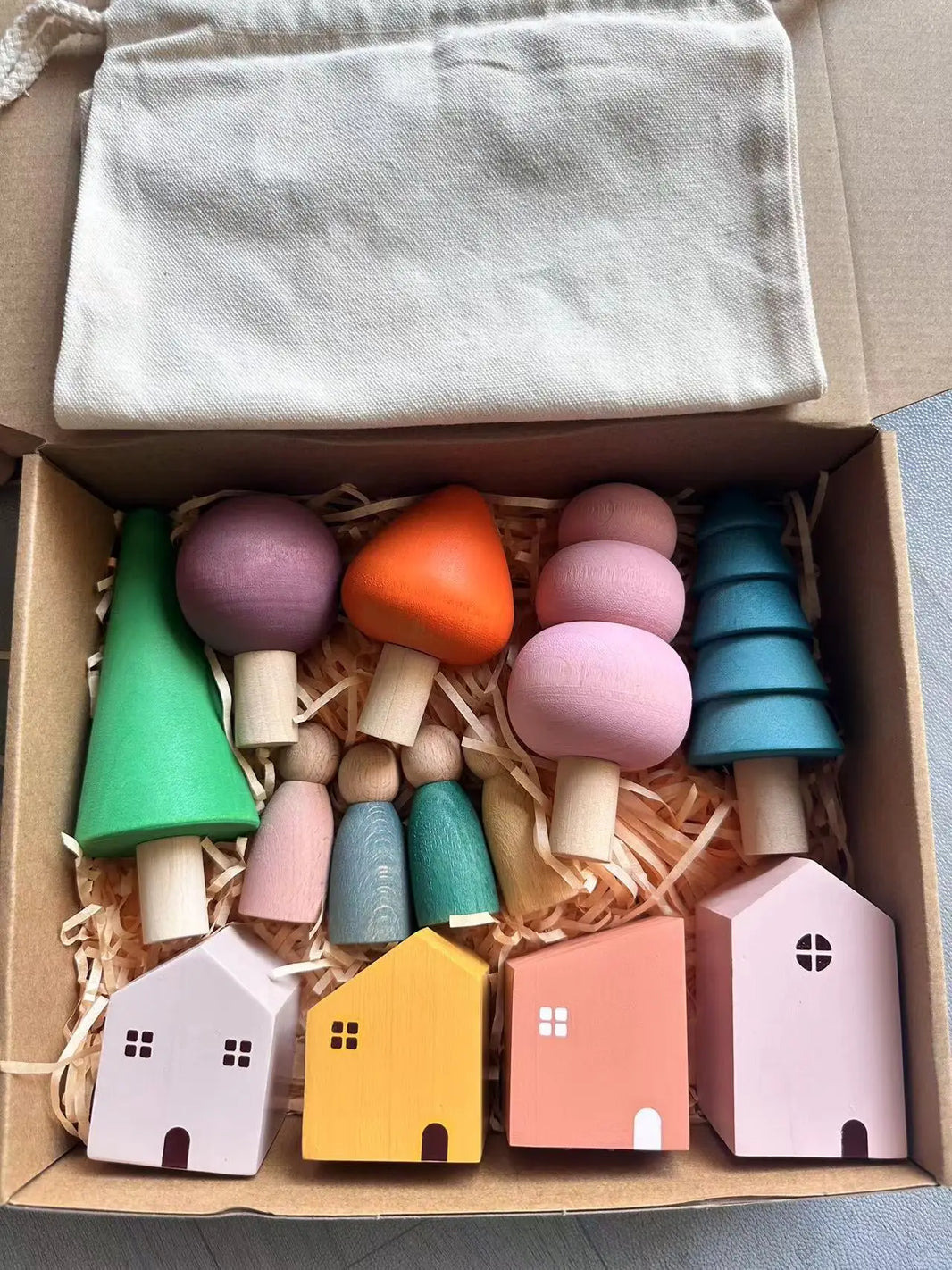 Kids Wooden Pastel Nordic Building Blocks – Stacking Crochet House, Animals, Rainbow, and Forest Tree Toys