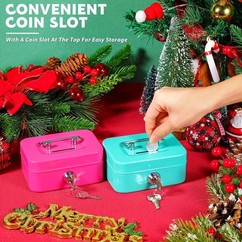 Metal Cash Box with Key Lock Secure Coin Storage Piggy Bank for Office and Home with Handle