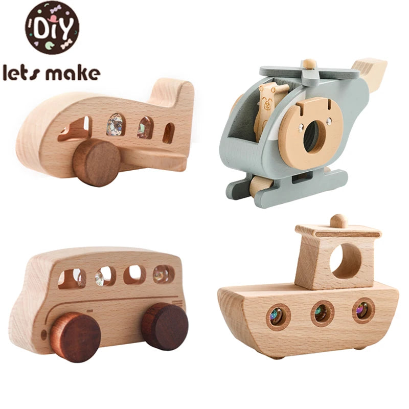 Wooden Transportation Toys – Plane, Helicopter, Bus, Boat, Montessori Educational Blocks for 1-Year-Old, Cartoon Cat Toy