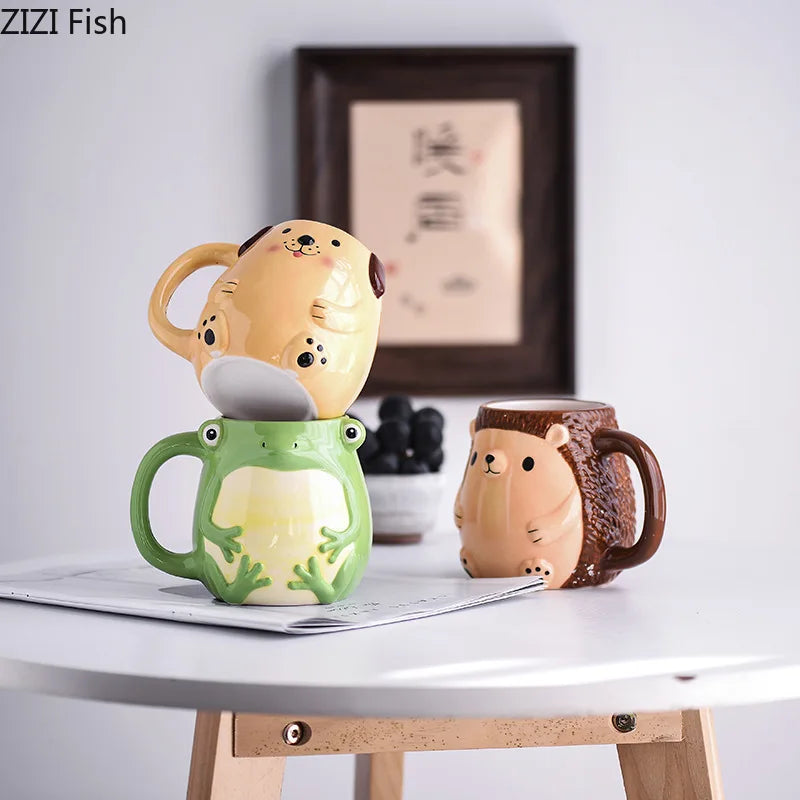 3D Ceramic Animal Mug - Frog & Hedgehog Cute Kids Breakfast Coffee Cup, 1-Piece Christmas Gift