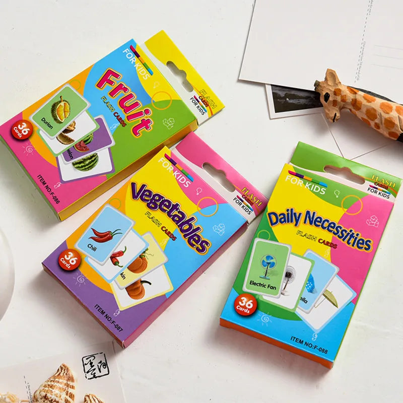 36Pcs Kids Cognition Cards - Shape, Animal, Color Teaching Baby English Learning Word Cards, Educational Montessori Gift