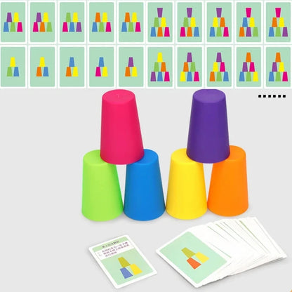 Montessori Mini Stack Cups Set - 10 Cups and 50 Cards Educational Color Matching Toy