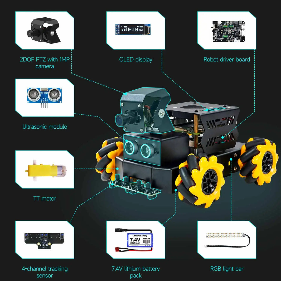 Yahboom Raspbot V2 AI Vision Robot Car Kit, Mecanum Wheel, Camera, Educational DIY Python Programming for Raspberry Pi 5