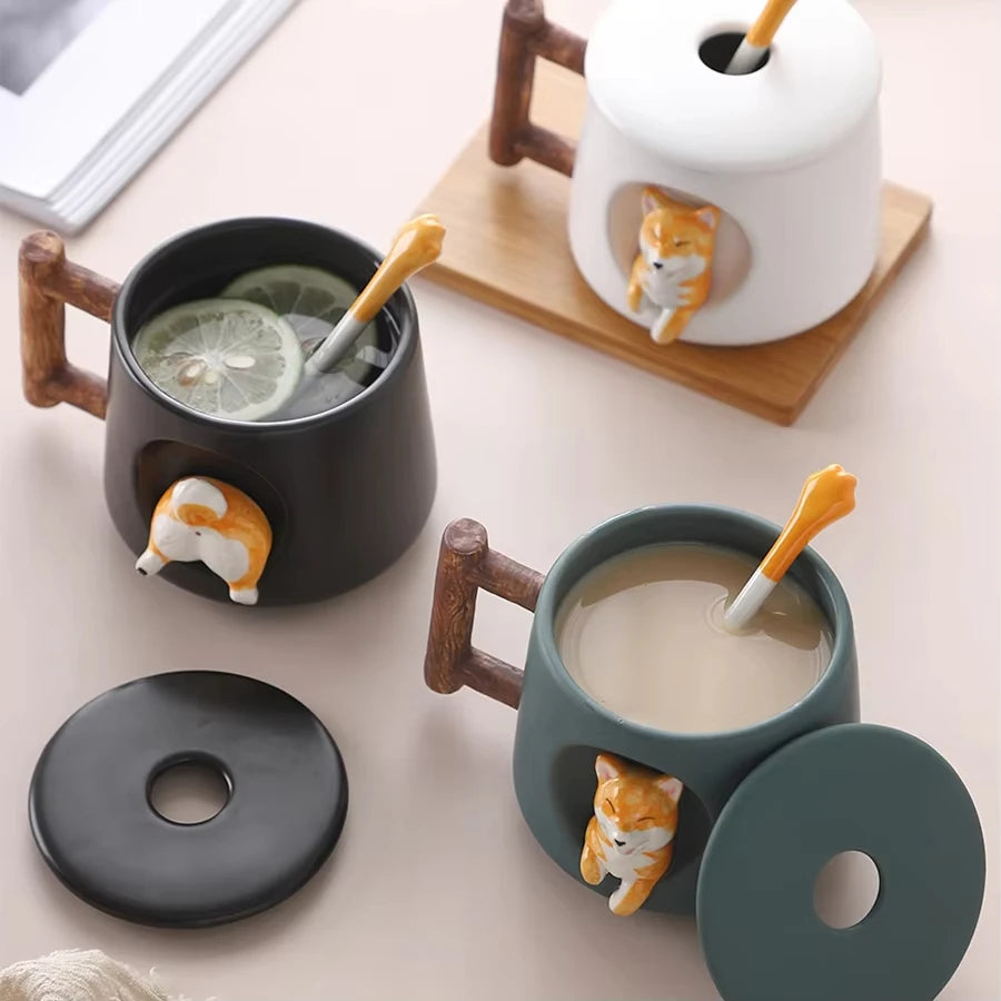 420ml (14.2 fl oz) 3D Shiba Inu Ceramic Mug with Lid & Spoon — Cute Cartoon Coffee & Milk Tea Cup, Gift for Girls