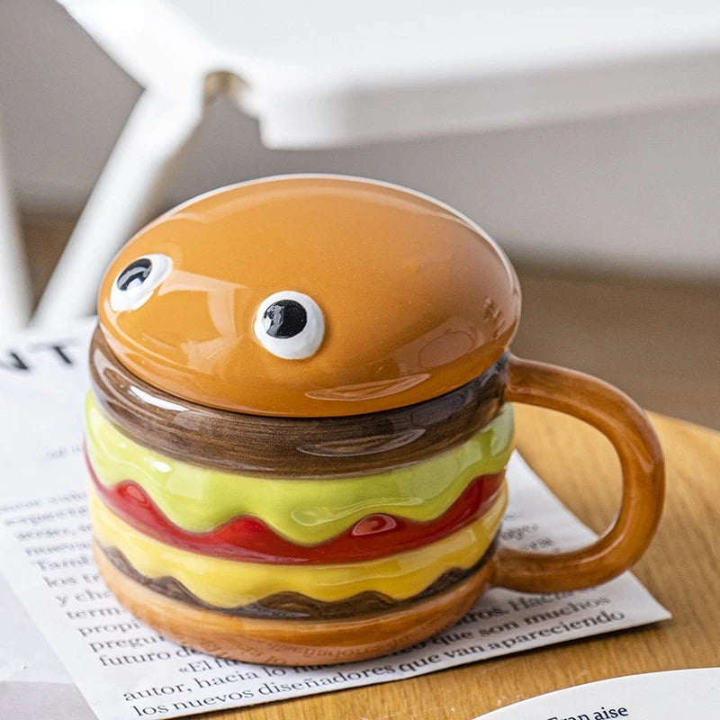 300ml (10 fl oz) Ceramic Hamburger Mug with Lid — Cute Cartoon Kids Coffee, Milk & Breakfast Cup