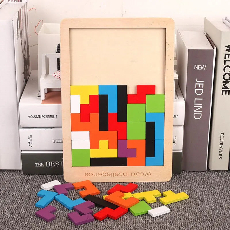 Wooden Blocks Puzzle, Brain Teasers Toy, Tangram Jigsaw, Colorful 3D Russian Blocks, Montessori Educational Toy