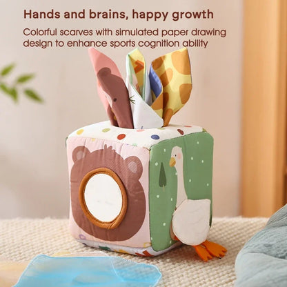 Baby Montessori Cotton Magic Tissue Box Toy – Finger Exercise Busy Board Game, Educational Soft Rattle Cloth Book Gift