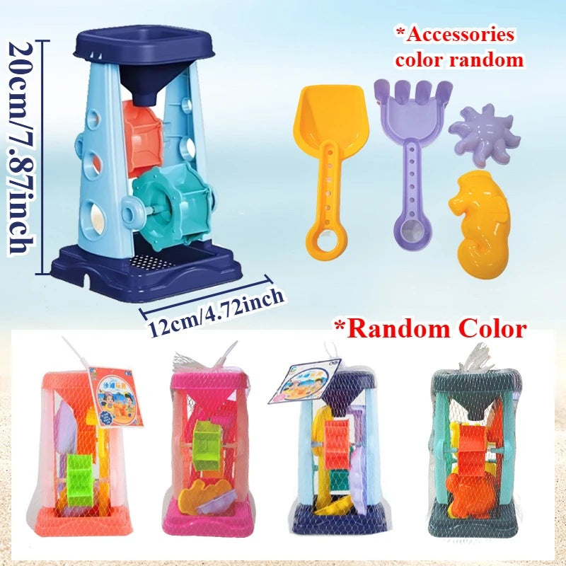 Kids Beach Toy Set With Sand Wheel, Bucket, Shovel, Rake & Sailboat Molds — Summer Sandbox Play