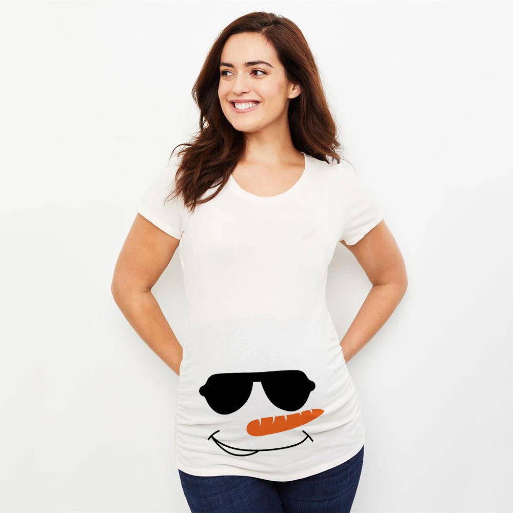 Christmas Pregnant Women T-shirt Snowman Cartoon Printed Pregnancy Announcement Clothes Maternity White Short Sleeve Top
