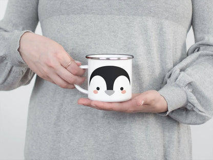 Penguin Enamel Campfire Mug, White Penguin Print — 11 oz (360 ml) Metal Camping Coffee Mug, Kids Birthday Gift
