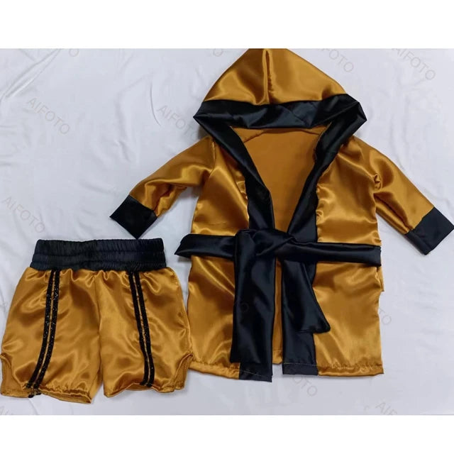 Baby Boxer Red Robe & Pants Set – Sanda Free Fight Boxing Glove Shorts for Newborn Photography Props & Infant Photo Accessories
