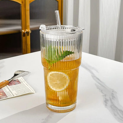 15 fl oz (450 ml) Glass Cup with Lid & Straw - Heat-Resistant Transparent Coffee, Tea & Juice Mug