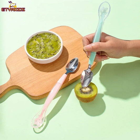 Fruit Scraping Mud Spoon for Babies - Soft Silicone Dual-Head Feeding Spoon, Easy-to-Eat Baby Feeder Utensils & Supplies