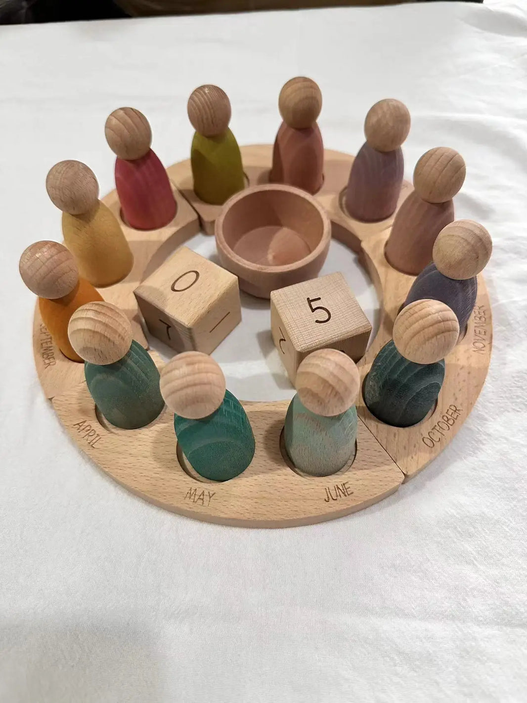 Wooden Beech Rainbow Calendar & Peg Dolls – Stacking Blocks and Wizard Figurines Toy for Kids