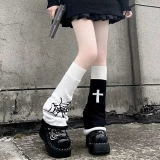 Y2K Punk Knitted Leg Warmers - Star Gothic Cross Harajuku Women Heart Two-Side Wear Loose Fit Leg Covers | JK Thigh High Lolita Socks