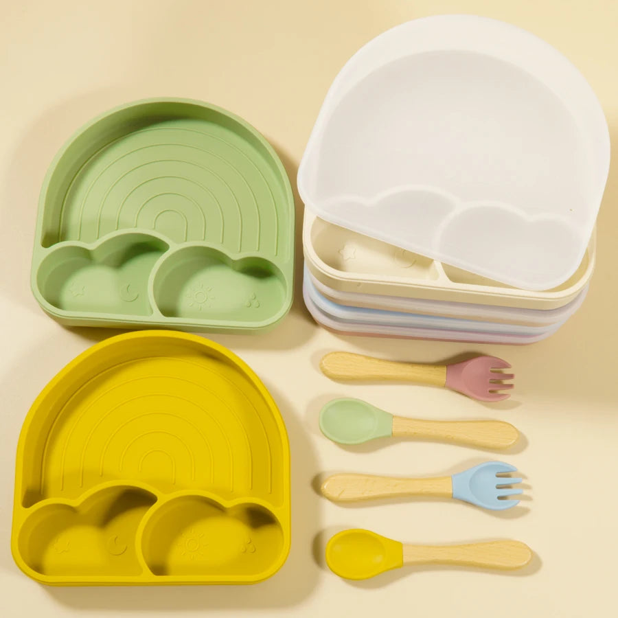 New Design Silicone Dining Plate Suction Cute Cartoon Rainbow Dishes Toddle Training Feeding Sucker Bowls Children's Tableware