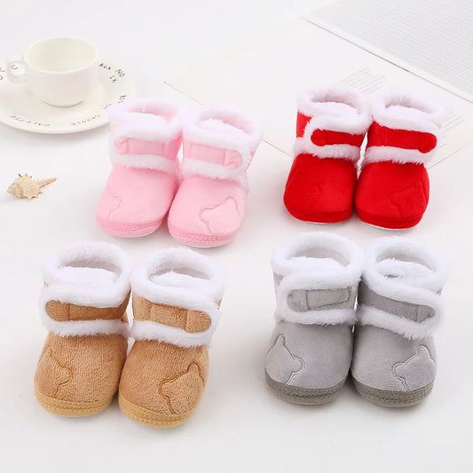 Baby Winter Snow Boots with Cute Bear and Fluff Balls Soft Sole Infant Toddler Shoes
