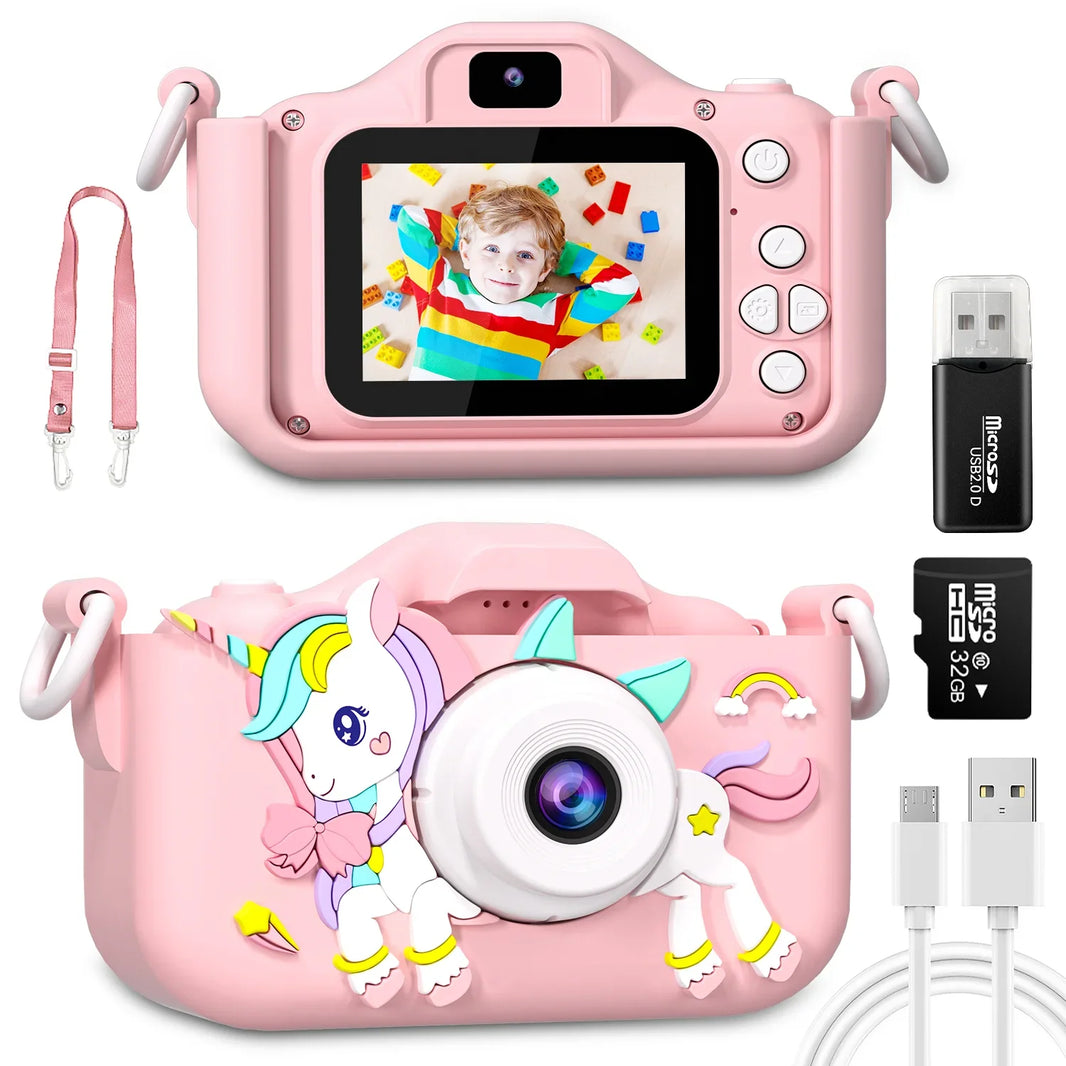 Cute Cat Kids Camera with Dual Lenses, 32GB Card, Silicone Case, HD Video Toy Gift