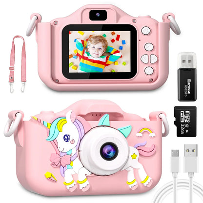 Cute Cat Kids Camera with Dual Lenses, 32GB Card, Silicone Case, HD Video Toy Gift