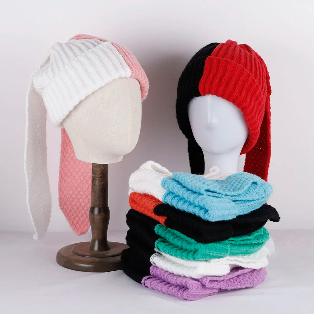 Rabbit Ears Knit Beanie – Colorblock Patchwork Cute Warm Unisex Winter Hat for Men & Women