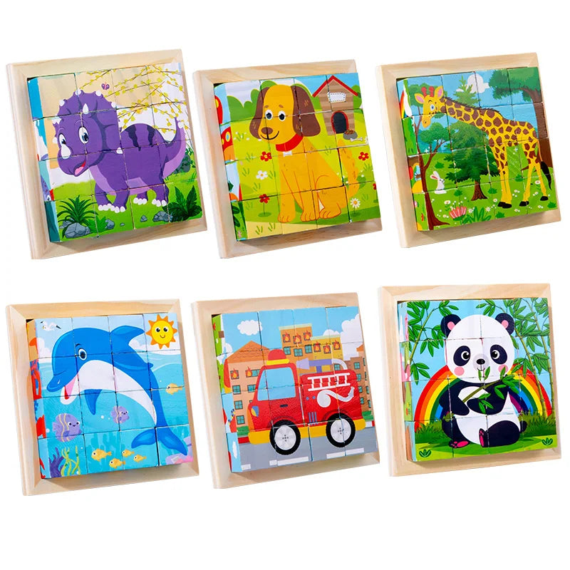 Six-Sided Painted Wooden Puzzle – 3D Traffic & Animal Building Blocks, Early Education Educational Toy for Kids