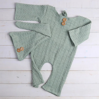 Newborn Boy Photo Props Knitted Jumpsuit and Knot Hat Set Baby Boy Photography Bodysuit with Beanie for Infants