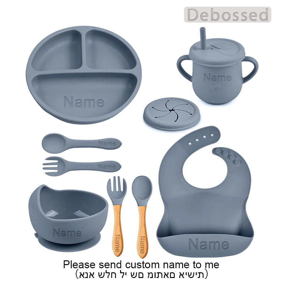 Personalized Cartoon Baby Plate – Silicone Tableware with Sucker Bowl, Food Tray, Sippy Cup, and Spoon – Baby Feeding Accessories