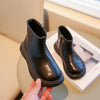 Kids Black PU Leather Ankle Boots with Side Zipper — Flat Anti-Slip Casual Boots
