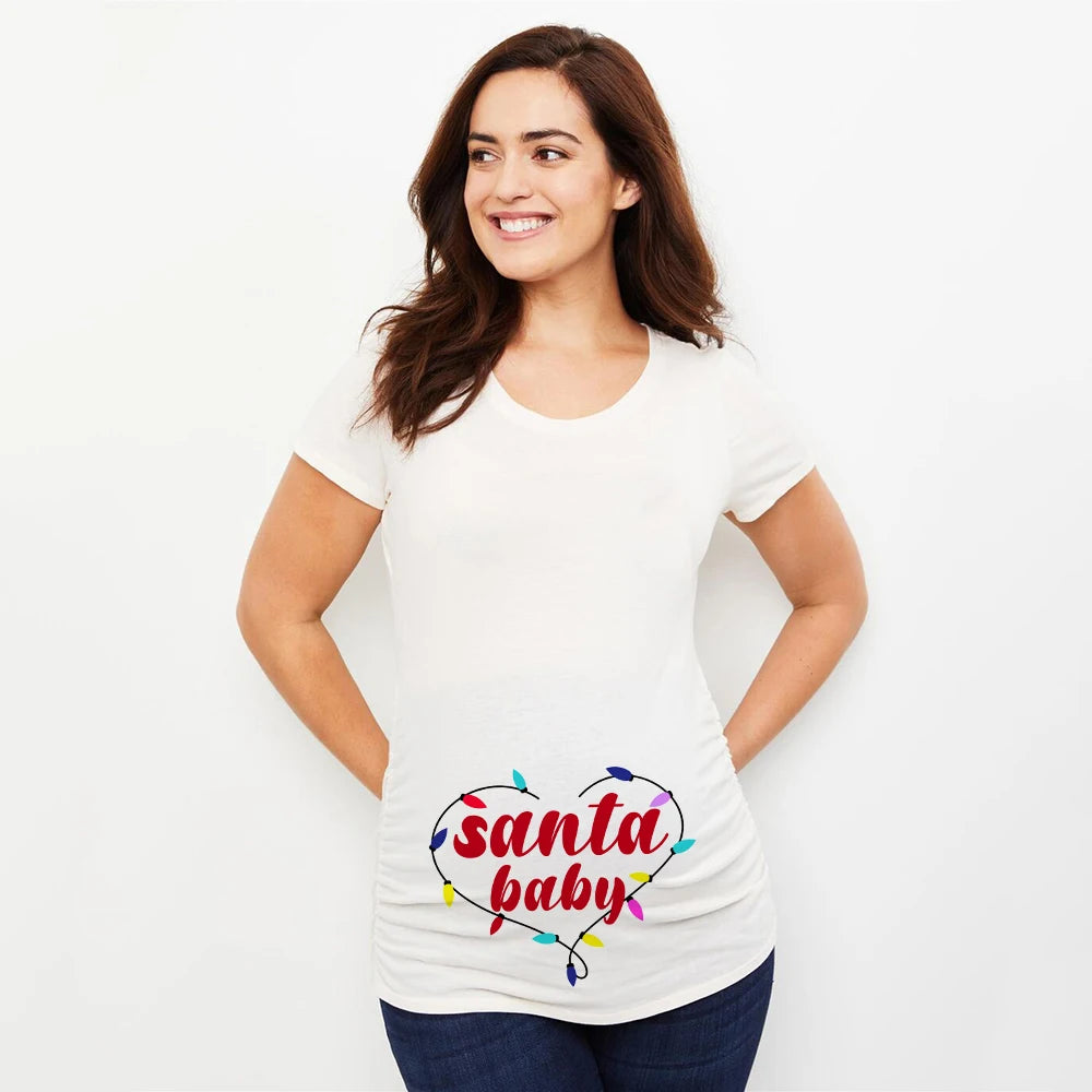 Christmas Santa Baby Print Maternity T-shirt Xmas Casual Pregnant Clothes Pregnancy Announcement T-shirt for Pregnant Women