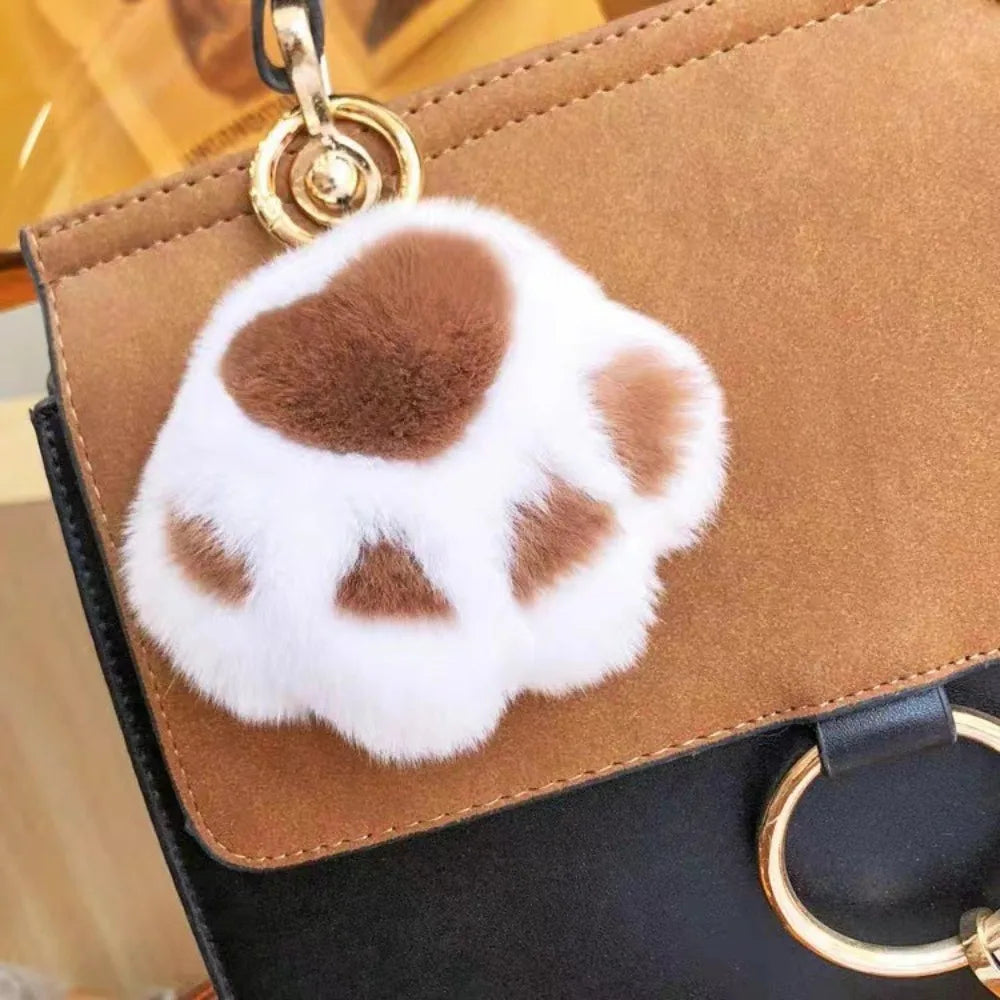 Fluffy Faux Fur Cat Paw Keychain, Plush Pendant for Backpack or Car