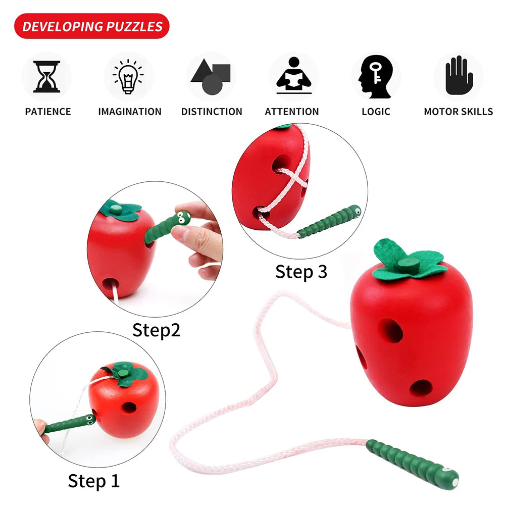Montessori Activity Worm Eat Apple Toy – Wooden Threading and Development Game for Kids, Toddler Travel Toy for Car and Plane Play