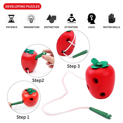 Montessori Activity Worm Eat Apple Toy – Wooden Threading and Development Game for Kids, Toddler Travel Toy for Car and Plane Play