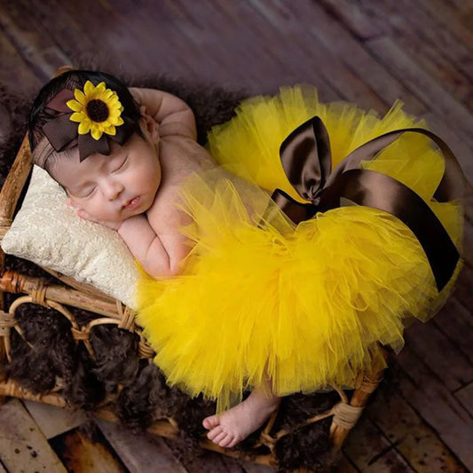 Baby Photography Unique Sunflower Design Newborn Outfit Tutu Bow Skirt Flower Headdress for 0-1 Month
