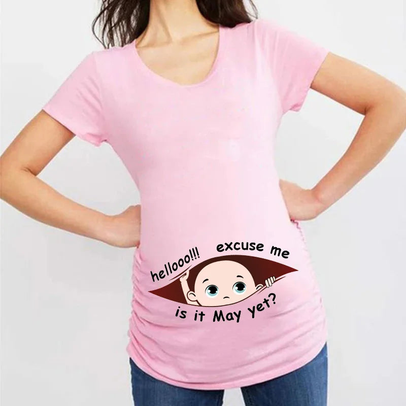 Summer January to December Peeking Baby Print Maternity T-Shirt | Funny Pregnancy Tops | Short Sleeve Pregnant Women Tees