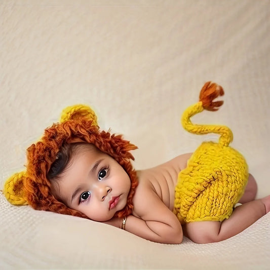 Baby Cute Lion Hat Newborn Photography Prop - Soft Knitted Hat & Pant Suit Infant Photoshoot Outfit