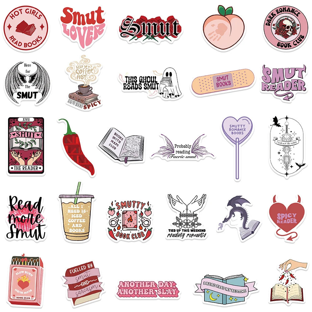 10/30/52pcs Cute Bookish Reading Stickers – Waterproof Graffiti Decals for Notebooks, Guitars, and Luggage