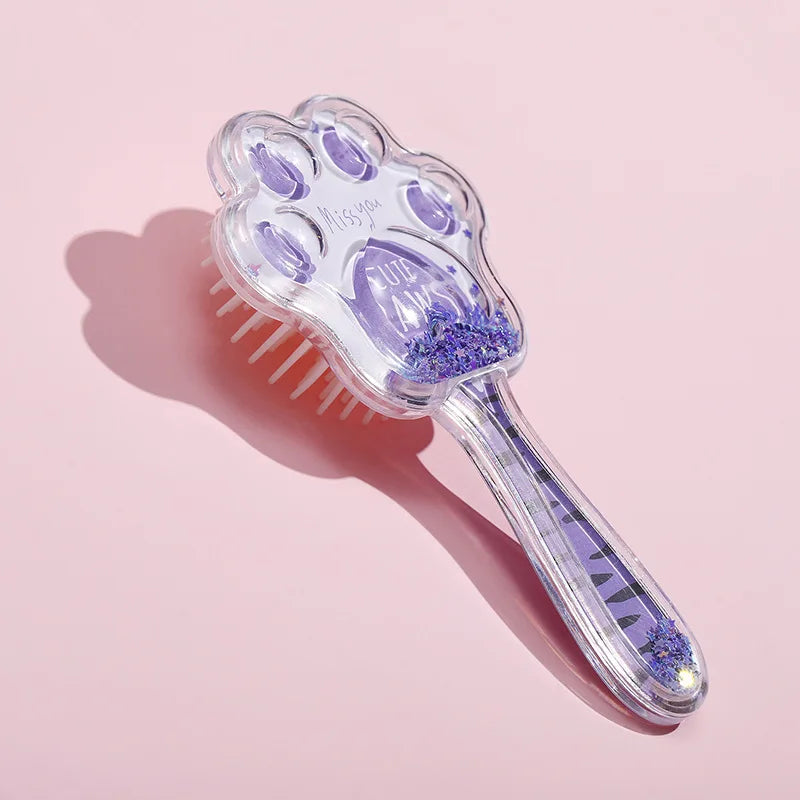 1 Piece Transparent Cartoon Kids Hair Brush – Glitter Cat Paw Massage Cushion Comb for Girls, Children's Hair Care Tool