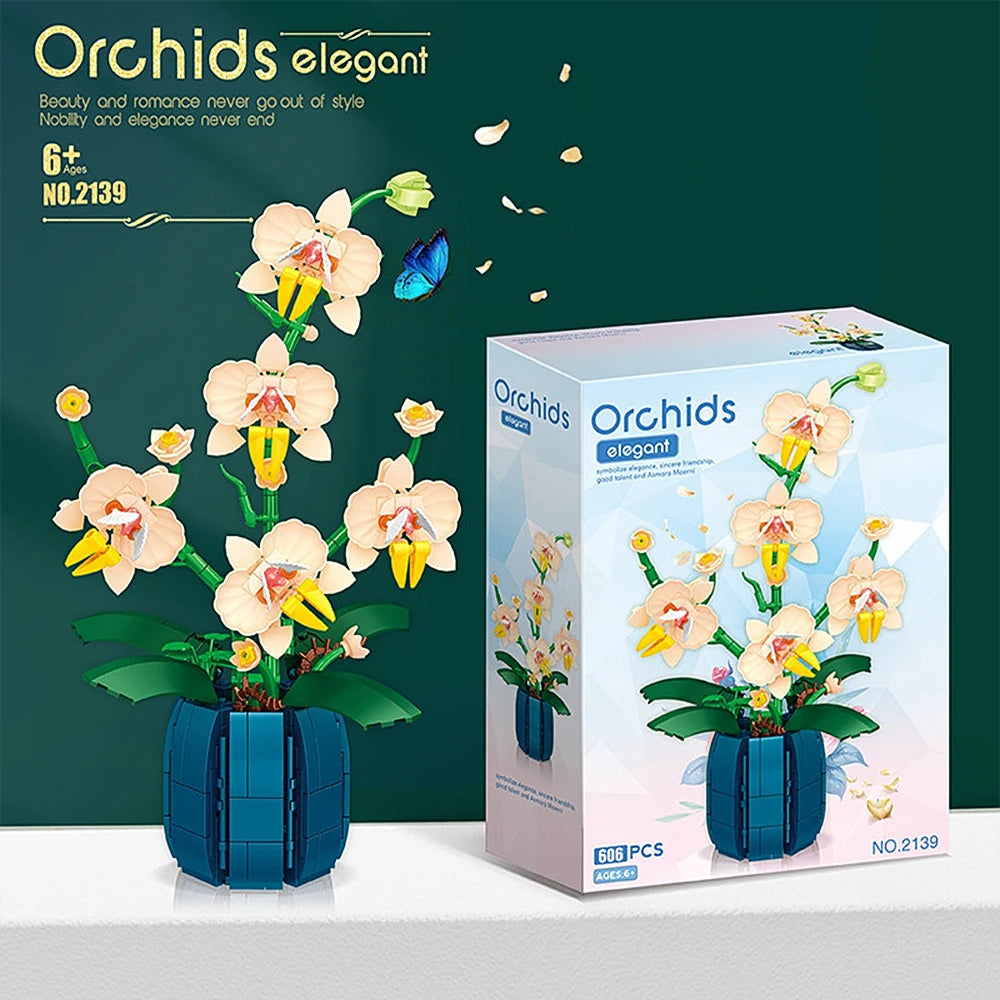 Building Blocks Orchid Flower Bouquet – Bonsai Plant Model Bricks DIY Home Decoration Toy for Kids